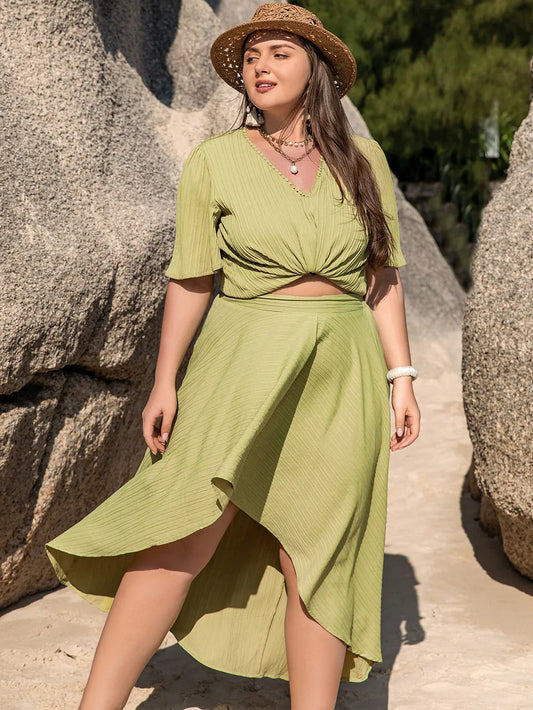 Plus Size V-Neck Half Sleeve Top and High-Low Skirt Set See size chart under “more details”