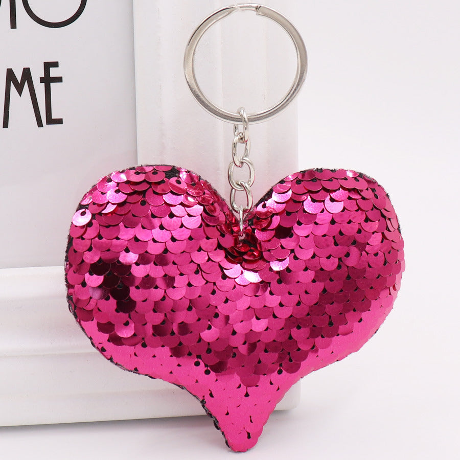 Cute Heart Keychain Glitter Pompom Sequins Key Ring