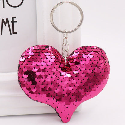 Cute Heart Keychain Glitter Pompom Sequins Key Ring