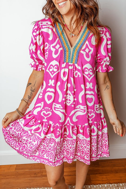 Boho Abstract Contrast Trim V-Neck Flared Dress