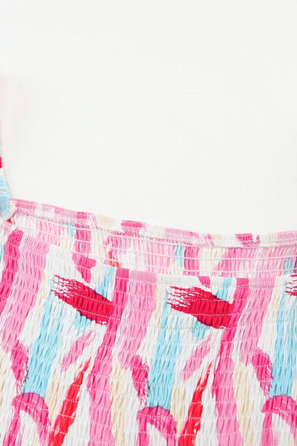 Abstract Brush Stroke Smocked Ruffle Tiered Dress