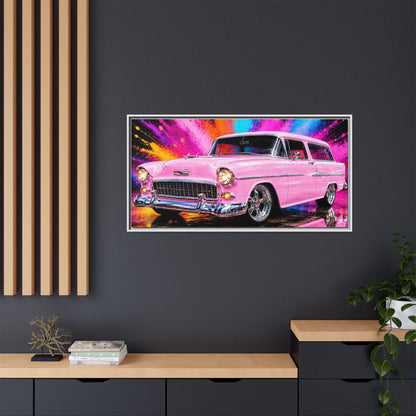 Pink Classic Station Wagon Canvas Print — Retro Car Wall Art, Framed Matte Multi‑Color Splash