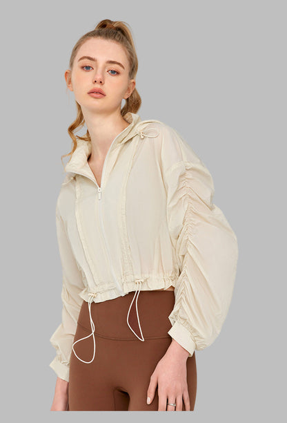 High Grade Sun Protective Loose Short Breathable Long Sleeve Hooded Ruched Jacket