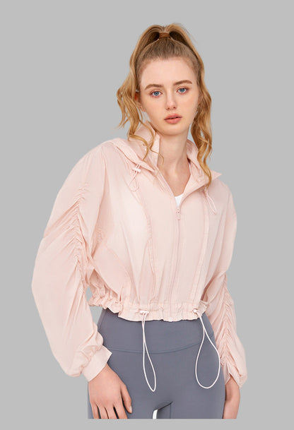 High Grade Sun Protective Loose Short Breathable Long Sleeve Hooded Ruched Jacket
