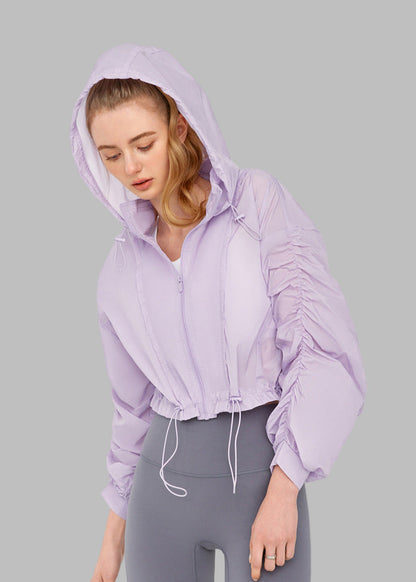 High Grade Sun Protective Loose Short Breathable Long Sleeve Hooded Ruched Jacket