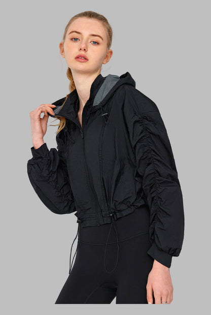 High Grade Sun Protective Loose Short Breathable Long Sleeve Hooded Ruched Jacket