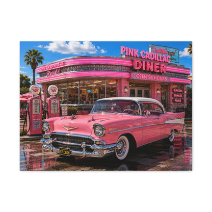 Pink Cadillac Diner Canvas Wall Art — Retro 1950s Car Poster