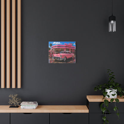 Pink Cadillac Diner Canvas Wall Art — Retro 1950s Car Poster