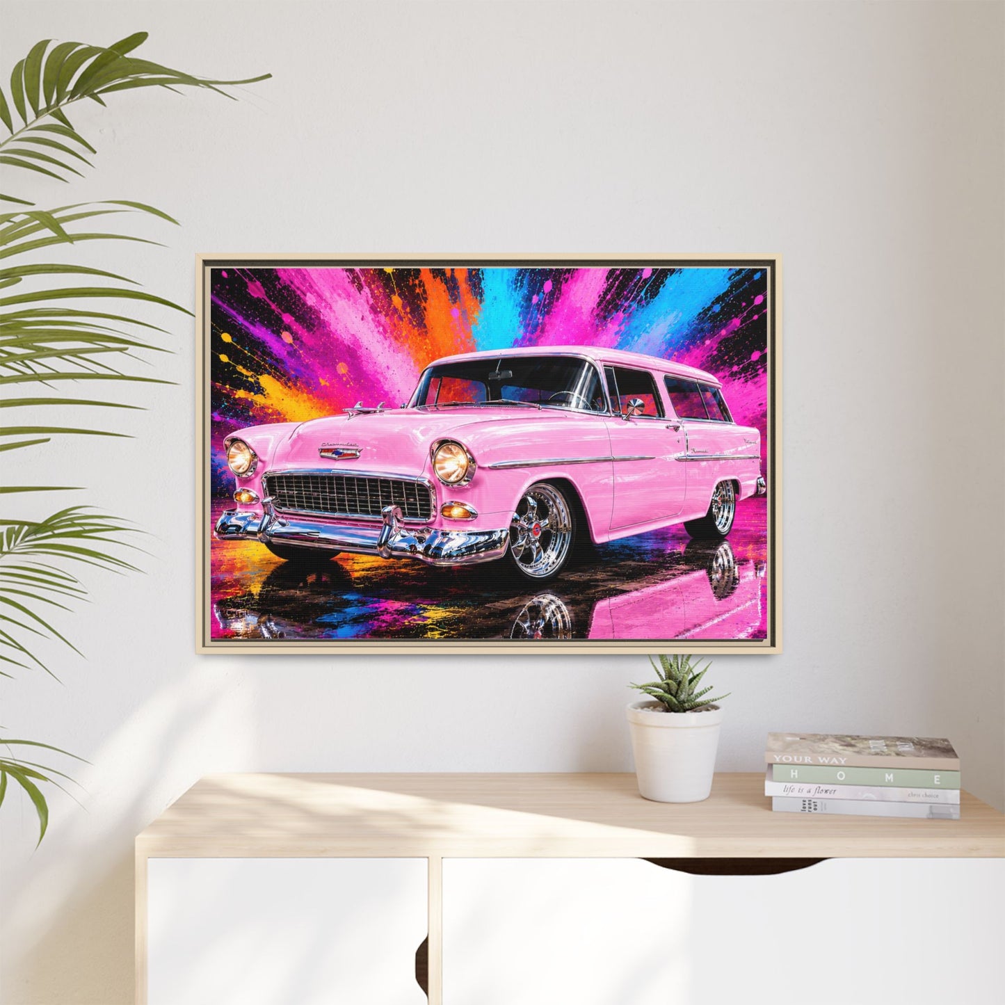 Pink Classic Station Wagon Canvas Print — Retro Car Wall Art, Framed Matte Multi‑Color Splash