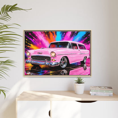 Pink Classic Station Wagon Canvas Print — Retro Car Wall Art, Framed Matte Multi‑Color Splash
