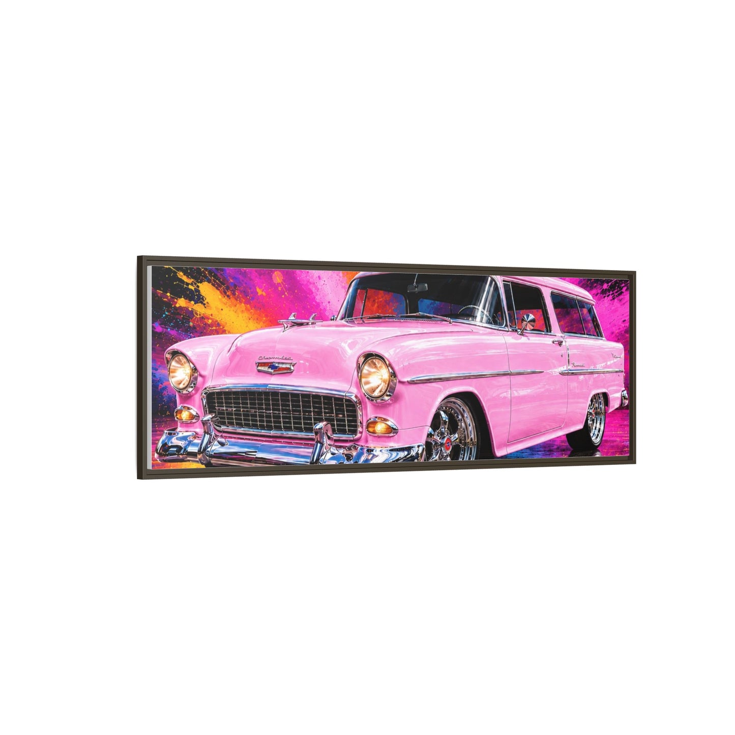 Pink Classic Station Wagon Canvas Print — Retro Car Wall Art, Framed Matte Multi‑Color Splash