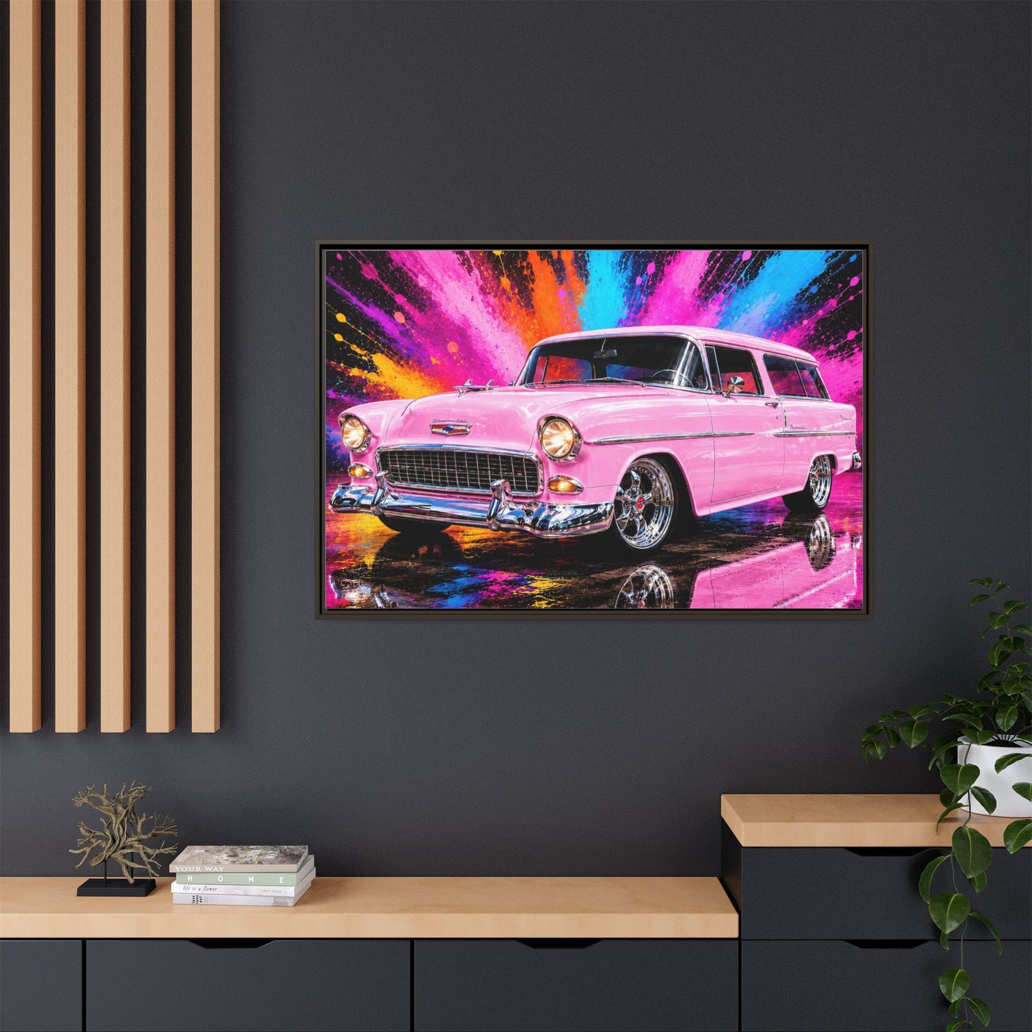 Pink Classic Station Wagon Canvas Print — Retro Car Wall Art, Framed Matte Multi‑Color Splash