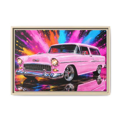 Pink Classic Station Wagon Canvas Print — Retro Car Wall Art, Framed Matte Multi‑Color Splash