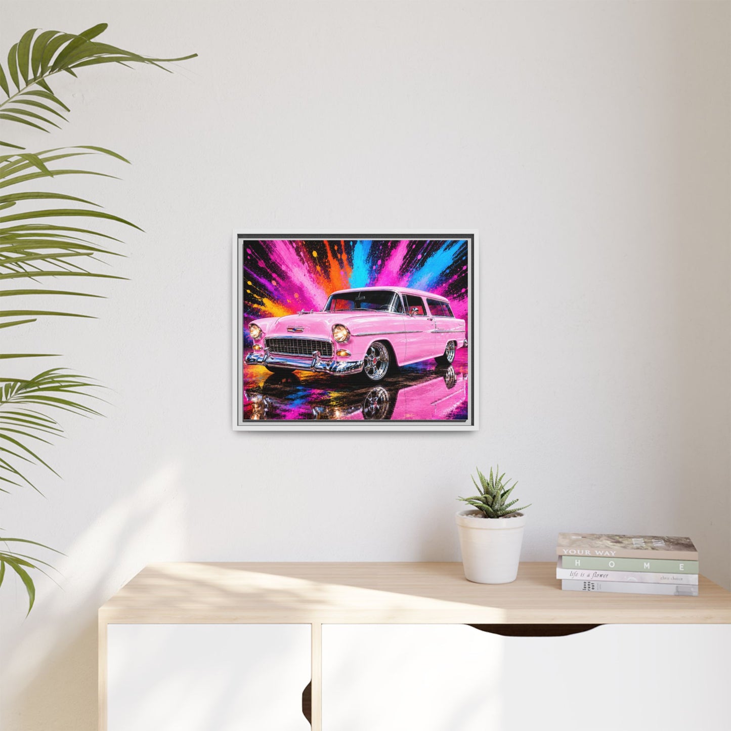 Pink Classic Station Wagon Canvas Print — Retro Car Wall Art, Framed Matte Multi‑Color Splash