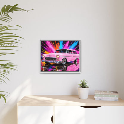 Pink Classic Station Wagon Canvas Print — Retro Car Wall Art, Framed Matte Multi‑Color Splash