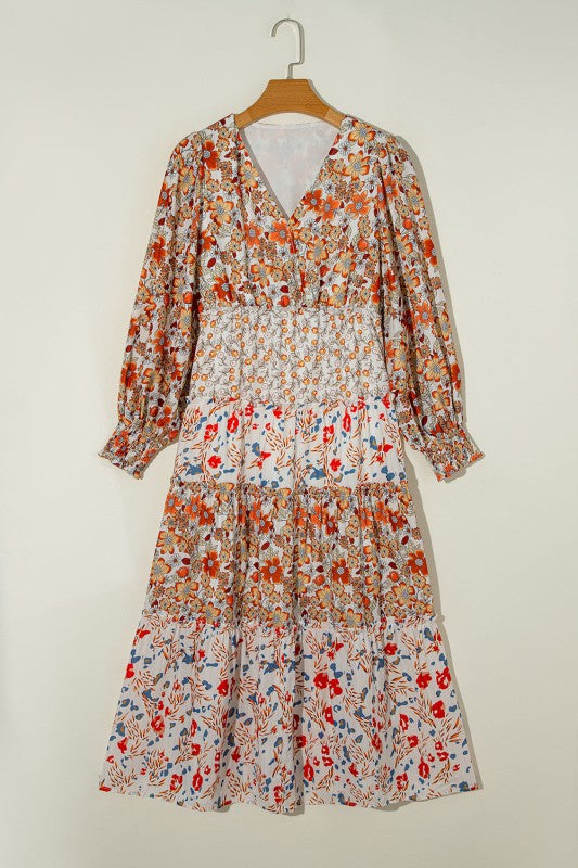 Floral V-Neck Ruffle Long Sleeve Midi Dress