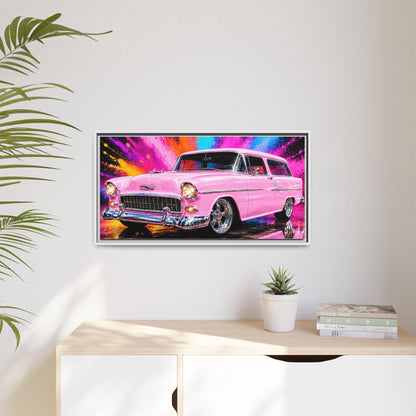 Pink Classic Station Wagon Canvas Print — Retro Car Wall Art, Framed Matte Multi‑Color Splash