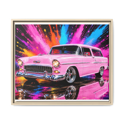 Pink Classic Station Wagon Canvas Print — Retro Car Wall Art, Framed Matte Multi‑Color Splash
