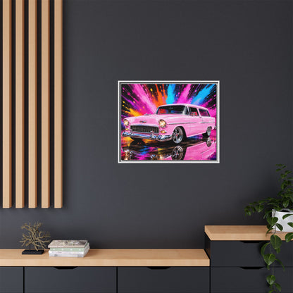 Pink Classic Station Wagon Canvas Print — Retro Car Wall Art, Framed Matte Multi‑Color Splash