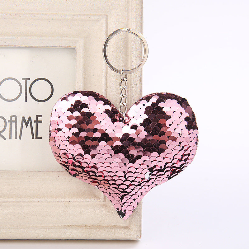 Cute Heart Keychain Glitter Pompom Sequins Key Ring