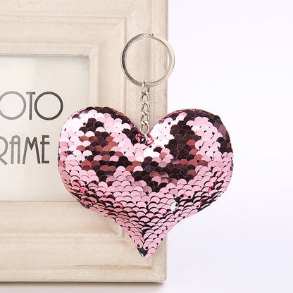 Cute Heart Keychain Glitter Pompom Sequins Key Ring