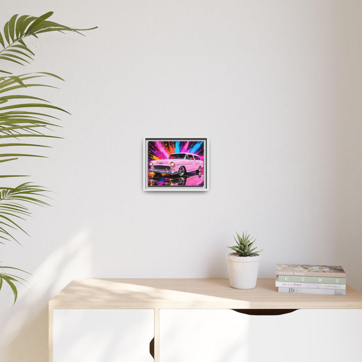 Pink Classic Station Wagon Canvas Print — Retro Car Wall Art, Framed Matte Multi‑Color Splash