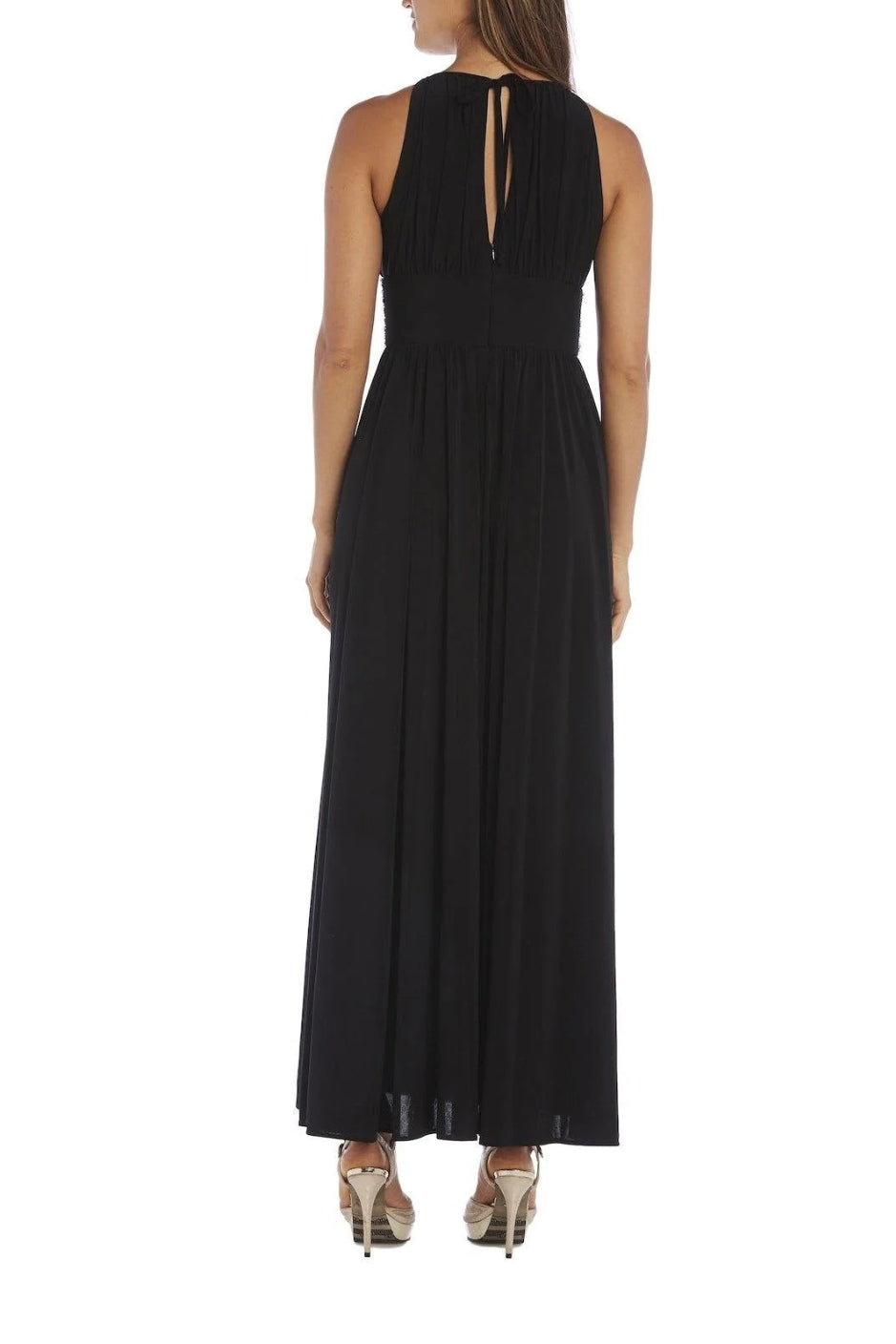R&M Richards Empire Bodice Halter Keyhole Neckline Sleeveless Cinched Embellished Sequin Beads Waist Maxi Gown Dress