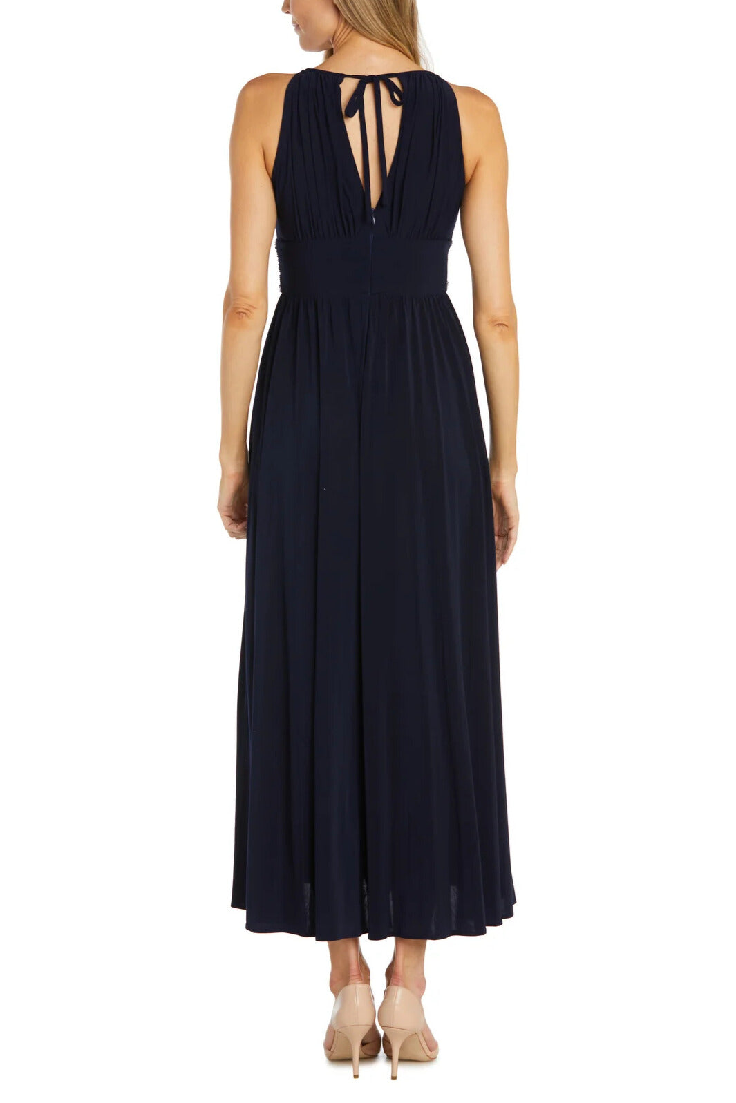 R&M Richards Empire Bodice Halter Keyhole Neckline Sleeveless Cinched Embellished Sequin Beads Waist Maxi Gown Dress