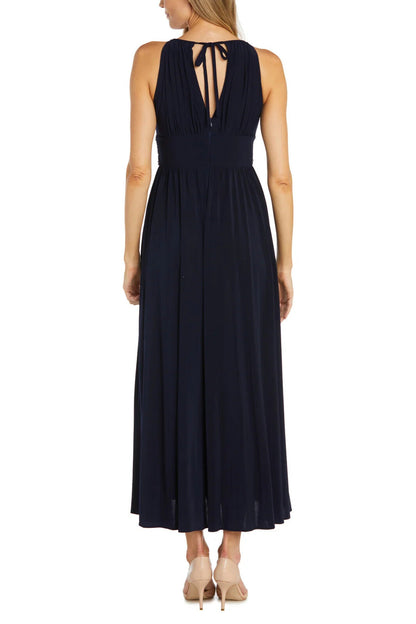 R&M Richards Empire Bodice Halter Keyhole Neckline Sleeveless Cinched Embellished Sequin Beads Waist Maxi Gown Dress