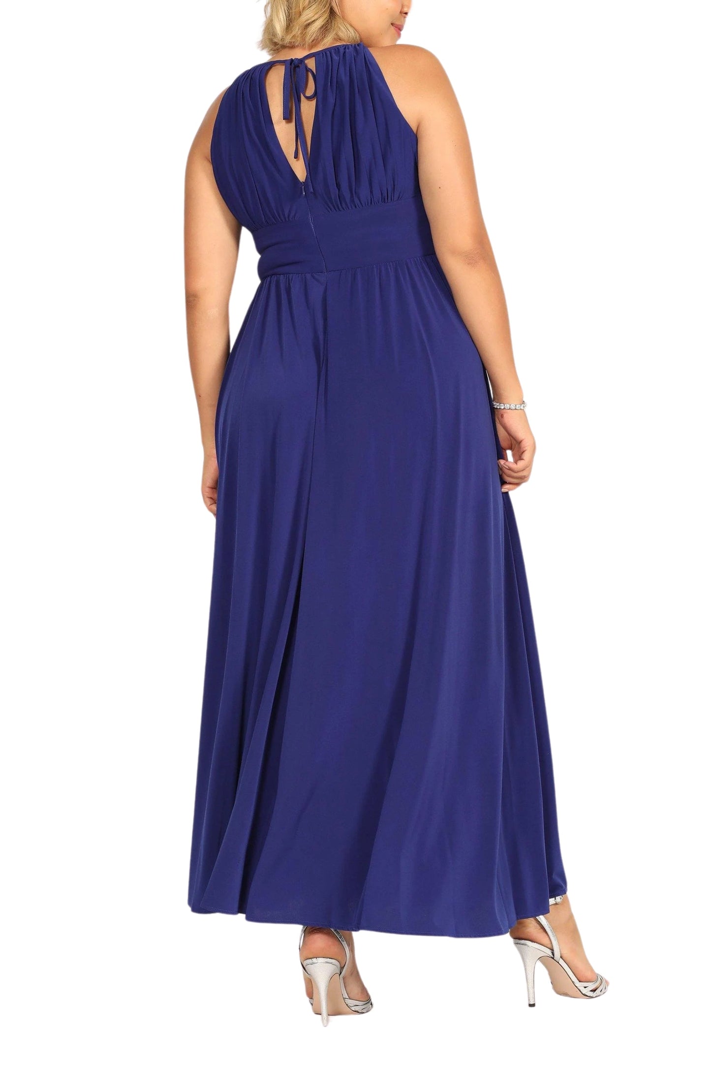 R&M Richards Empire Bodice Halter Keyhole Neckline Sleeveless Cinched Embellished Sequin Beads Waist Maxi Gown Dress