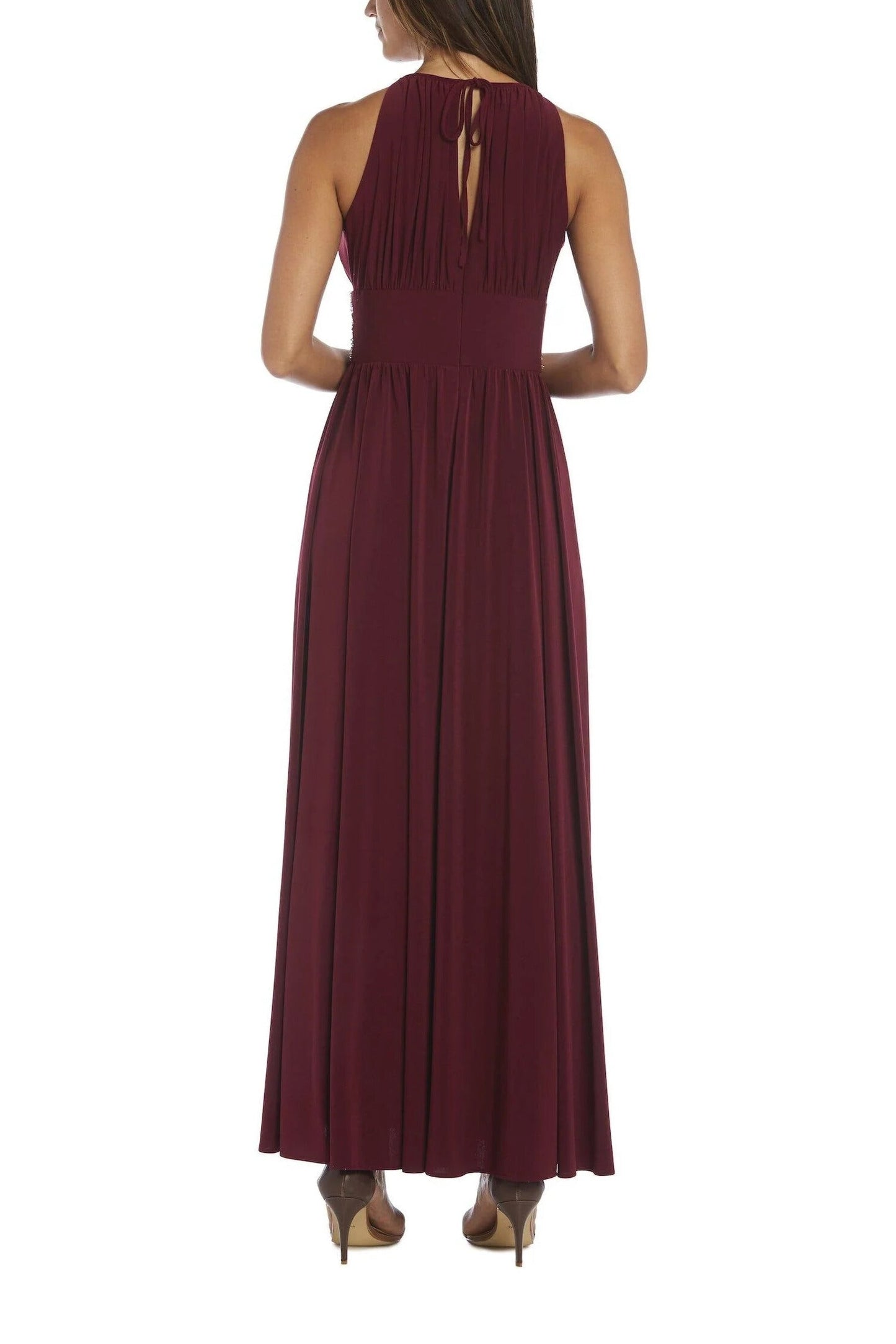 R&M Richards Empire Bodice Halter Keyhole Neckline Sleeveless Cinched Embellished Sequin Beads Waist Maxi Gown Dress