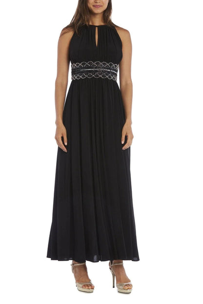 R&M Richards Empire Bodice Halter Keyhole Neckline Sleeveless Cinched Embellished Sequin Beads Waist Maxi Gown Dress