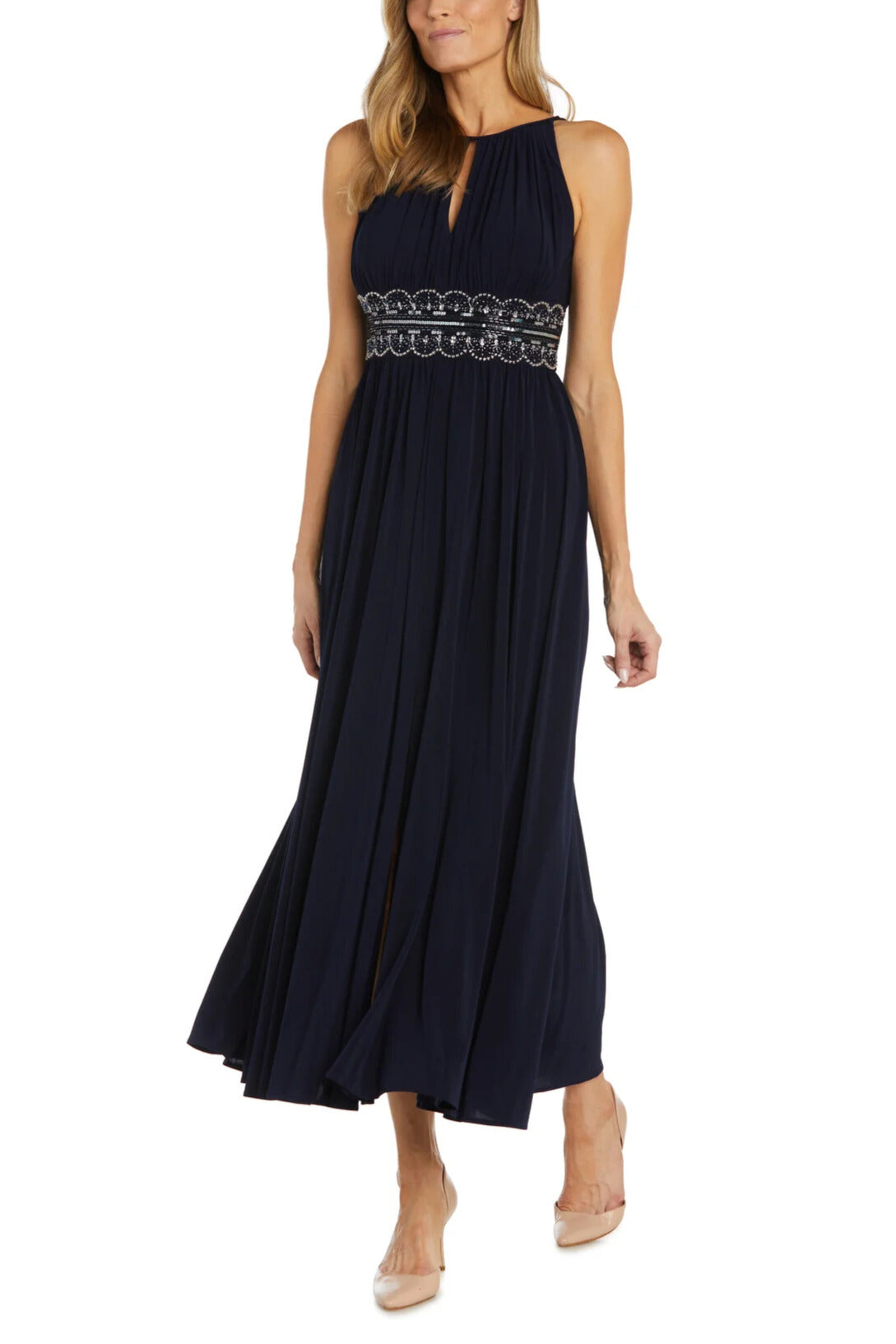 R&M Richards Empire Bodice Halter Keyhole Neckline Sleeveless Cinched Embellished Sequin Beads Waist Maxi Gown Dress