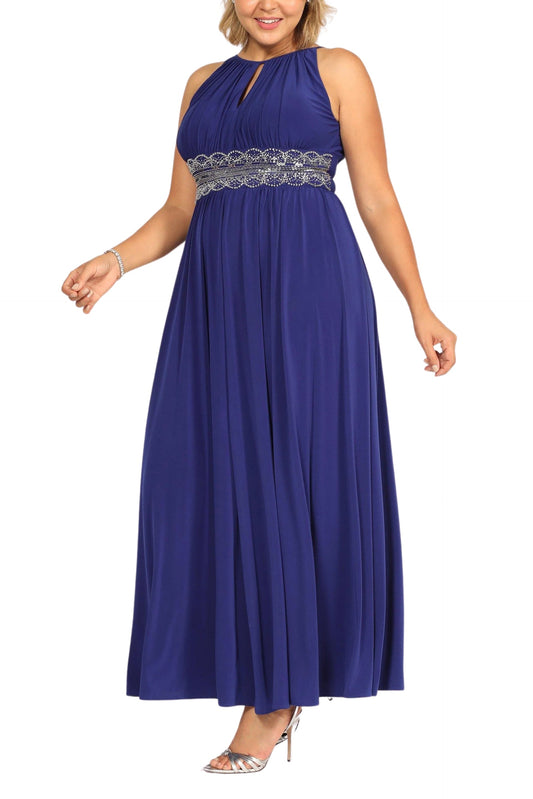 R&M Richards Empire Bodice Halter Keyhole Neckline Sleeveless Cinched Embellished Sequin Beads Waist Maxi Gown Dress
