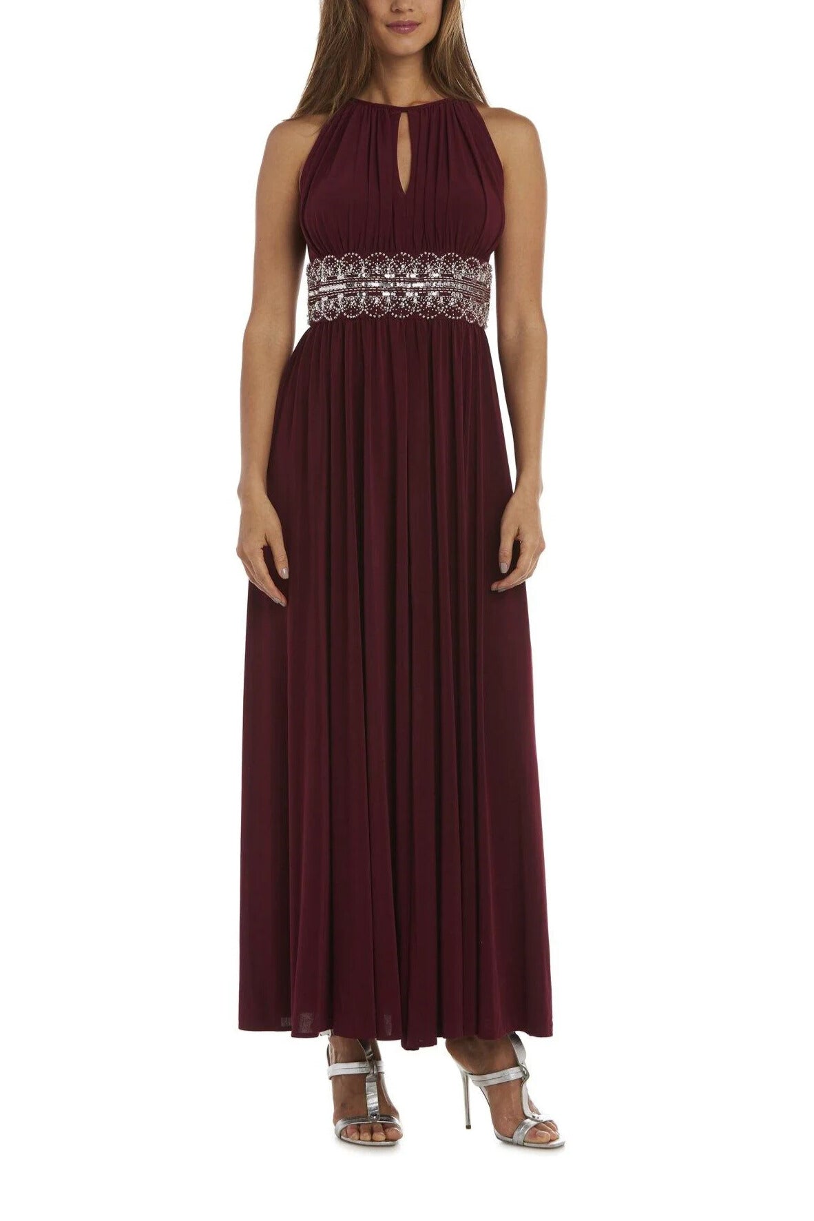 R&M Richards Empire Bodice Halter Keyhole Neckline Sleeveless Cinched Embellished Sequin Beads Waist Maxi Gown Dress