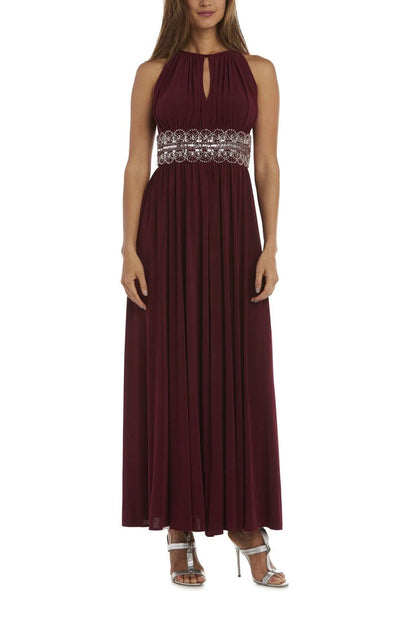 R&M Richards Empire Bodice Halter Keyhole Neckline Sleeveless Cinched Embellished Sequin Beads Waist Maxi Gown Dress