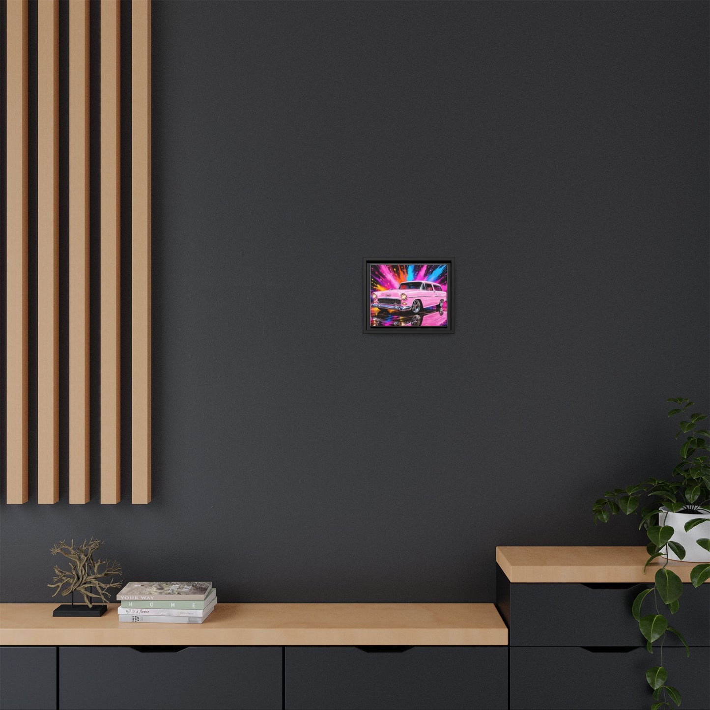 Pink Classic Station Wagon Canvas Print — Retro Car Wall Art, Framed Matte Multi‑Color Splash