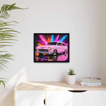 Pink Classic Station Wagon Canvas Print — Retro Car Wall Art, Framed Matte Multi‑Color Splash