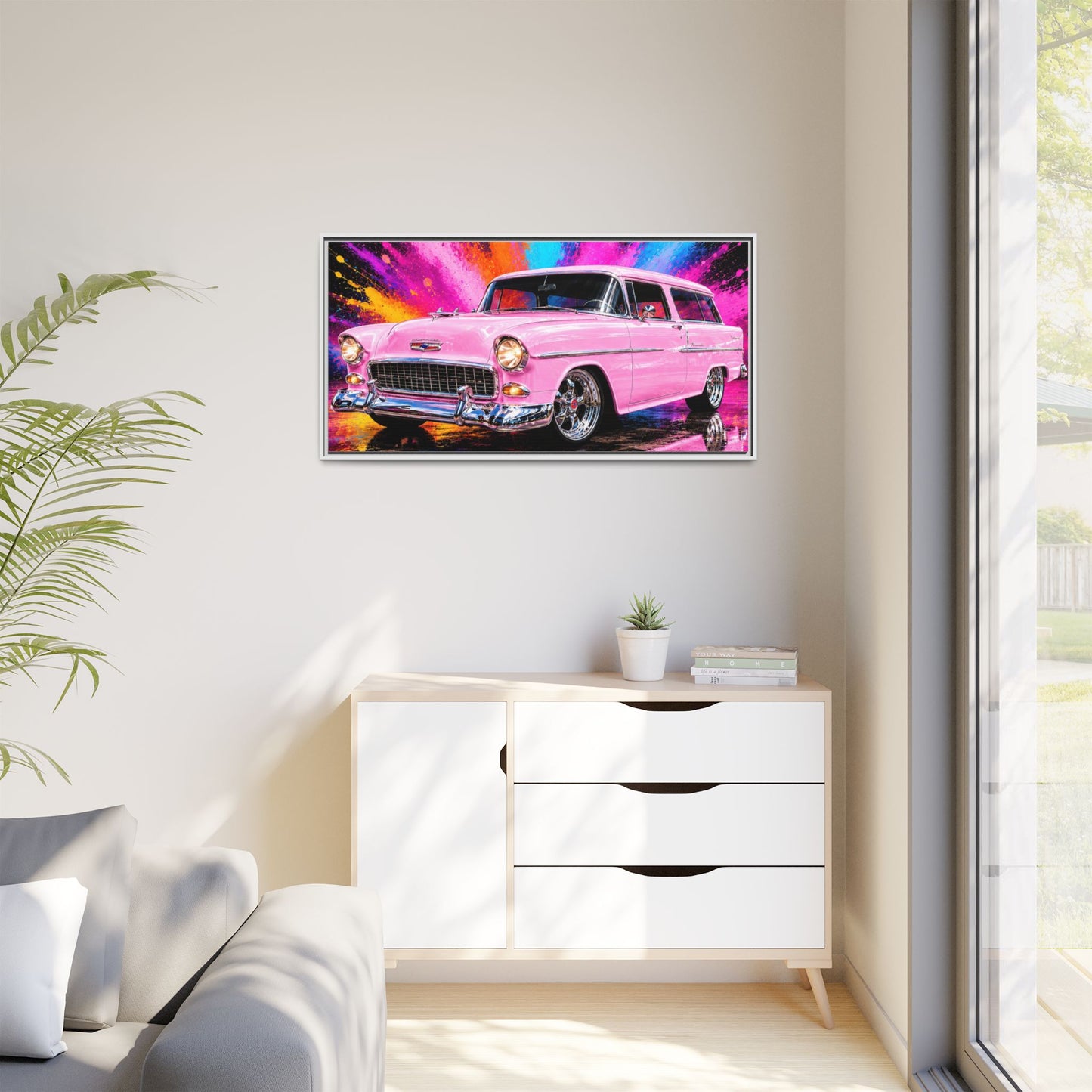 Pink Classic Station Wagon Canvas Print — Retro Car Wall Art, Framed Matte Multi‑Color Splash