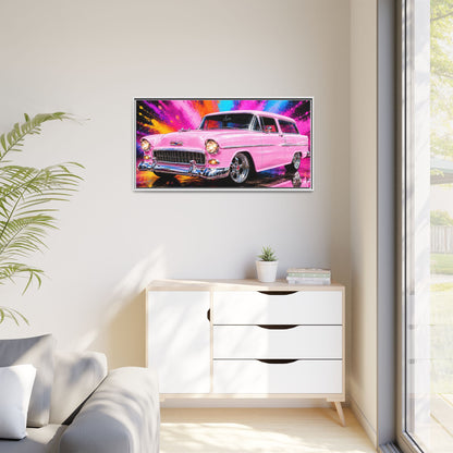 Pink Classic Station Wagon Canvas Print — Retro Car Wall Art, Framed Matte Multi‑Color Splash