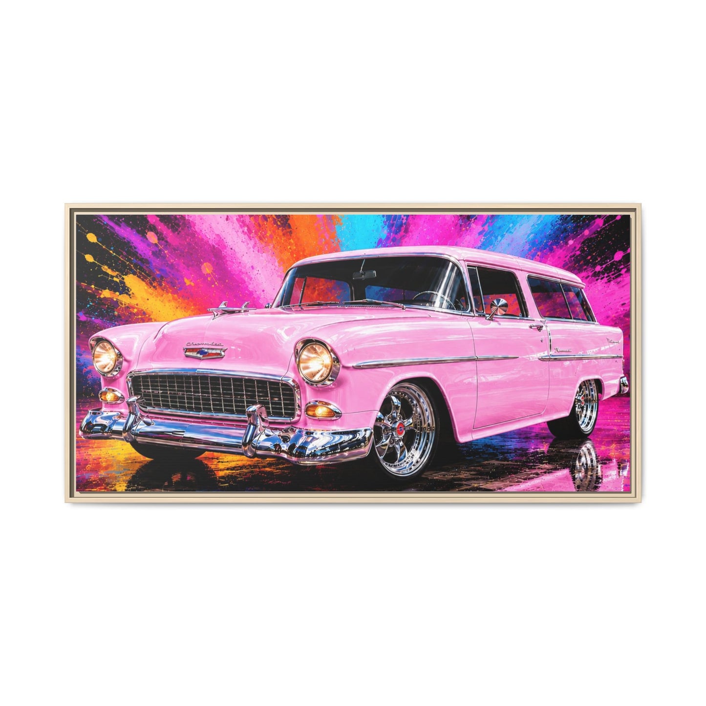 Pink Classic Station Wagon Canvas Print — Retro Car Wall Art, Framed Matte Multi‑Color Splash