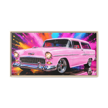 Pink Classic Station Wagon Canvas Print — Retro Car Wall Art, Framed Matte Multi‑Color Splash
