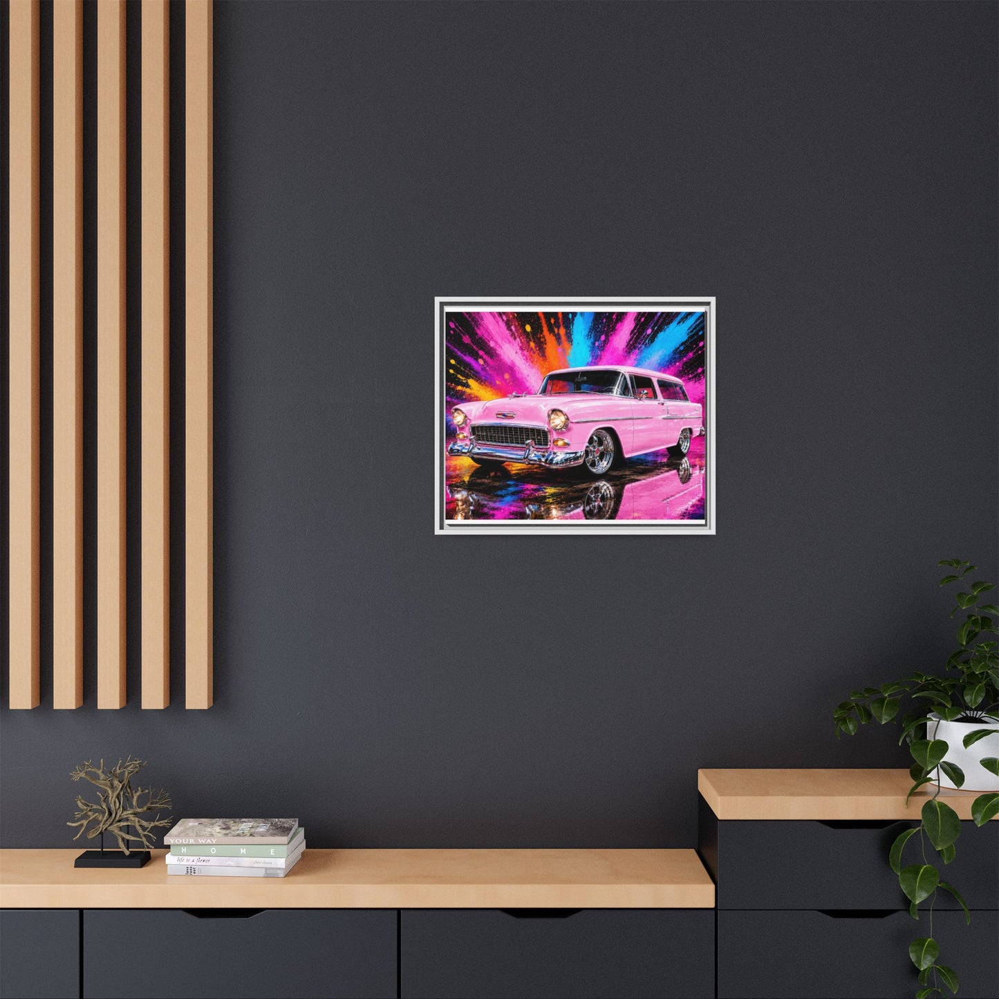 Pink Classic Station Wagon Canvas Print — Retro Car Wall Art, Framed Matte Multi‑Color Splash