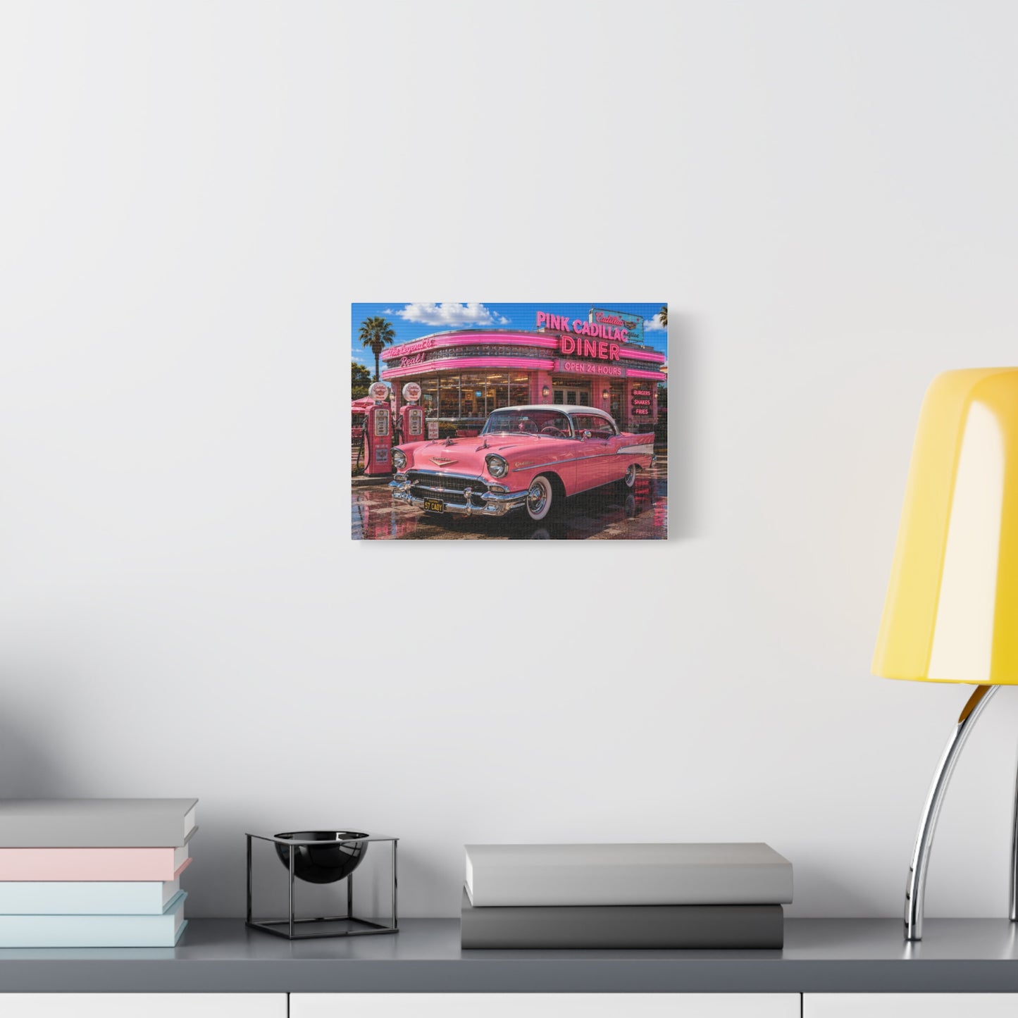 Pink Cadillac Diner Canvas Wall Art — Retro 1950s Car Poster