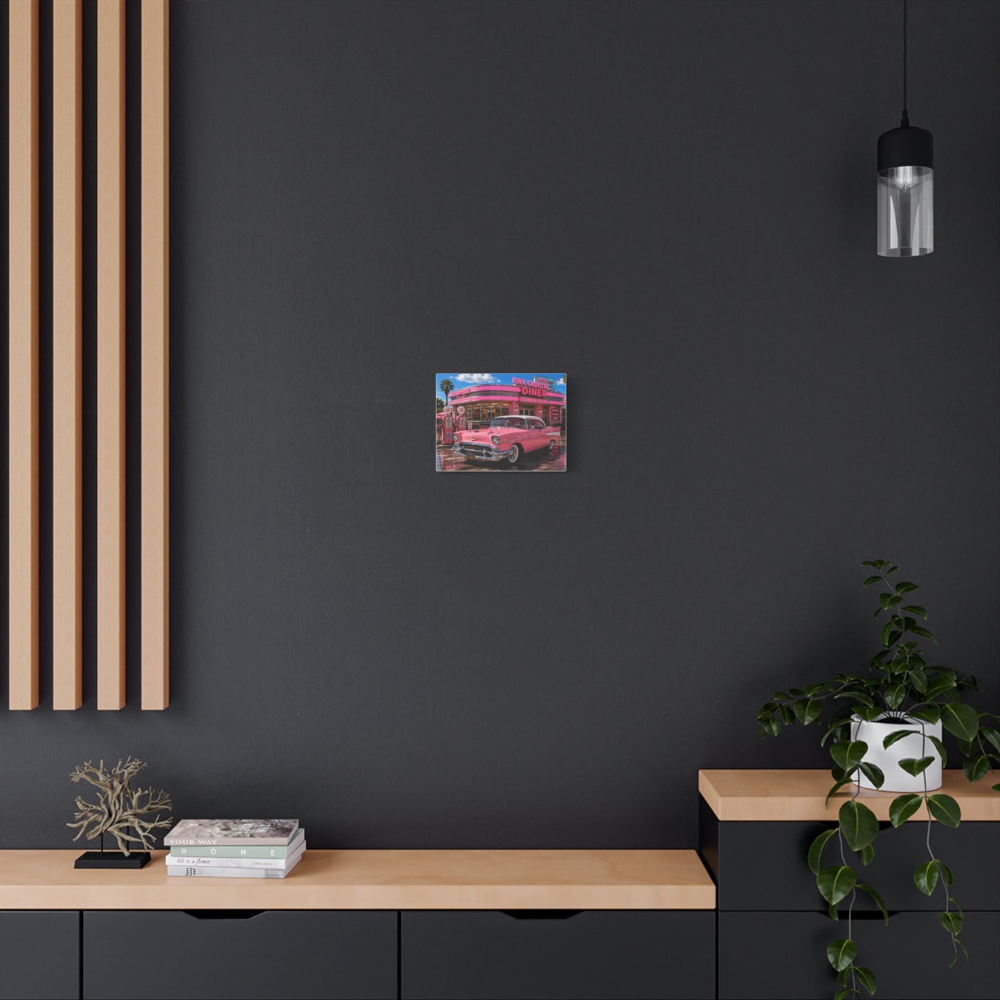 Pink Cadillac Diner Canvas Wall Art — Retro 1950s Car Poster