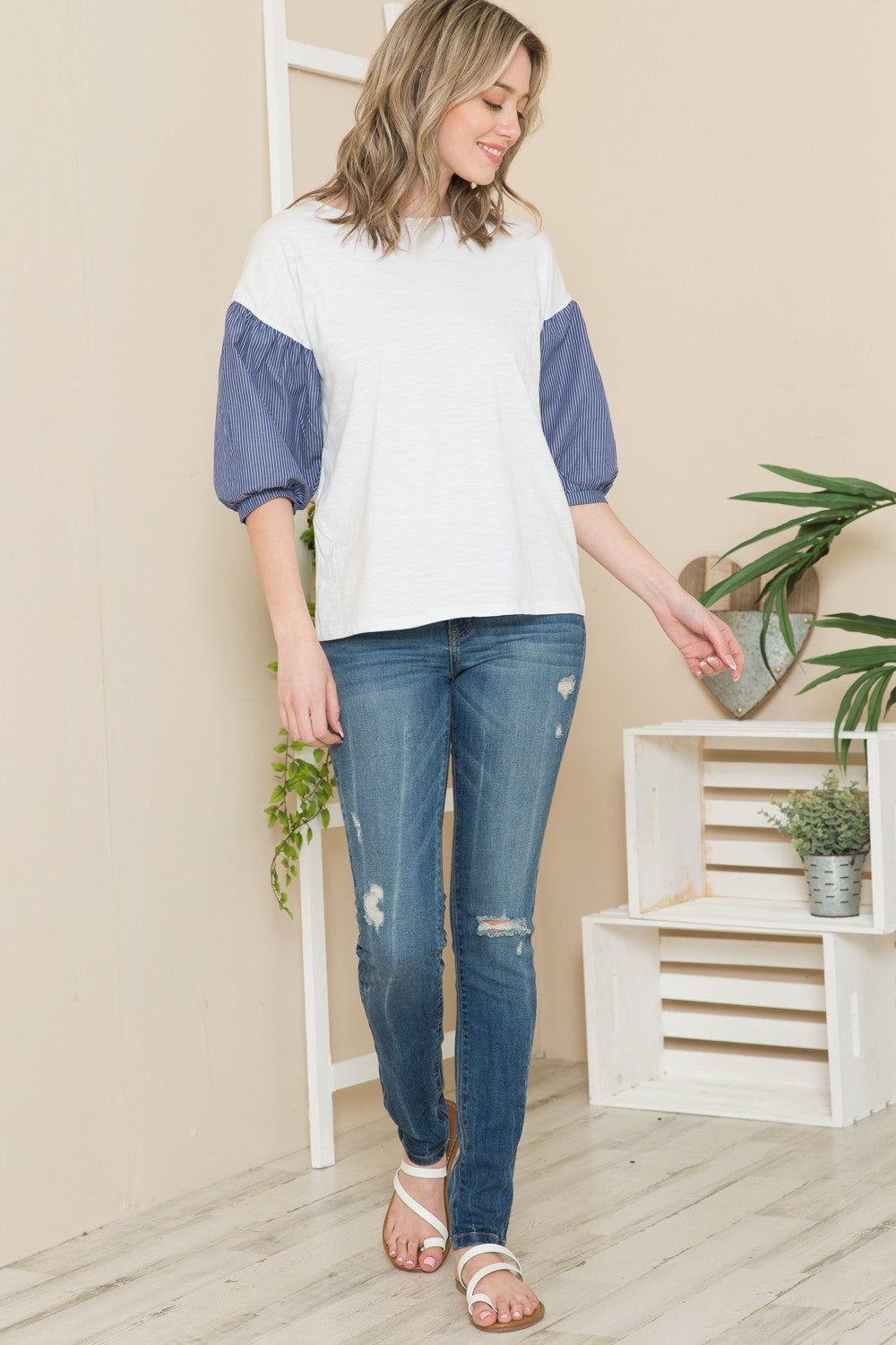 Woven Stripe Contrast Balloon Top