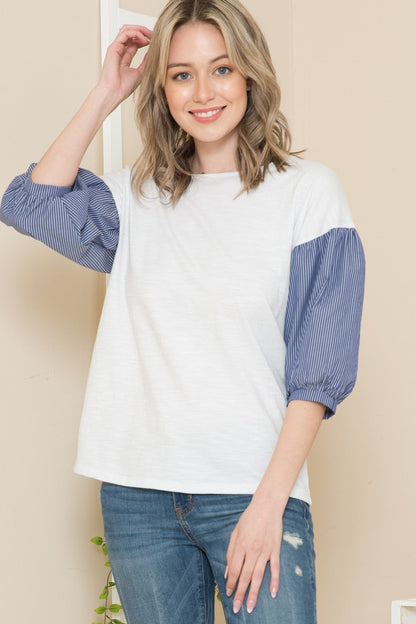 Woven Stripe Contrast Balloon Top