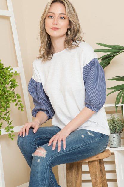 Woven Stripe Contrast Balloon Top