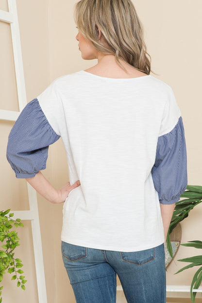 Woven Stripe Contrast Balloon Top