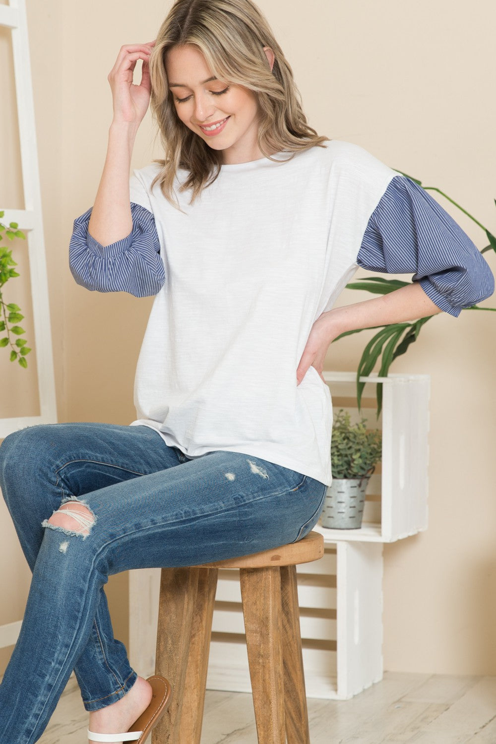 Woven Stripe Contrast Balloon Top